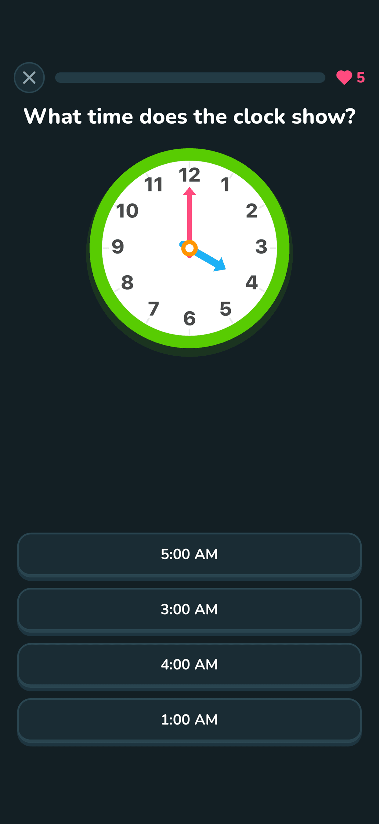 I Can Tell Time gameplay screenshot showing a child-friendly analog clock quiz with colorful answer choices