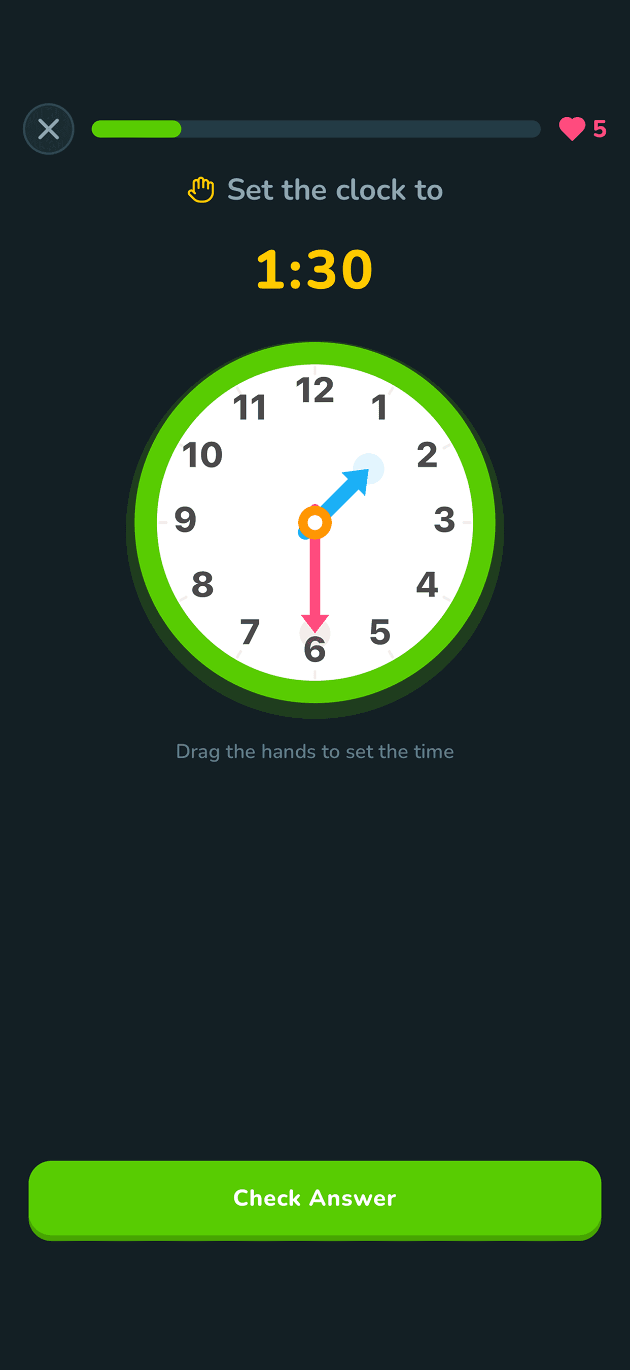 Interactive clock-setting screen where children physically drag the hour and minute hands to match a target time