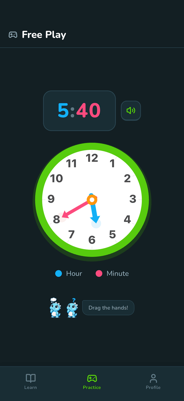 Advanced clock practice screen showing the app's time-learning exercises