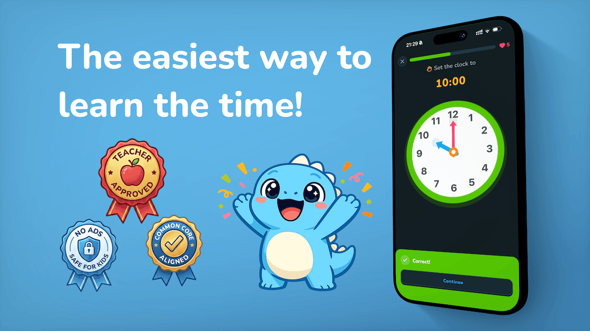 I Can Tell Time promotional banner showing the app's interactive clock-learning interface for kids ages 4-8