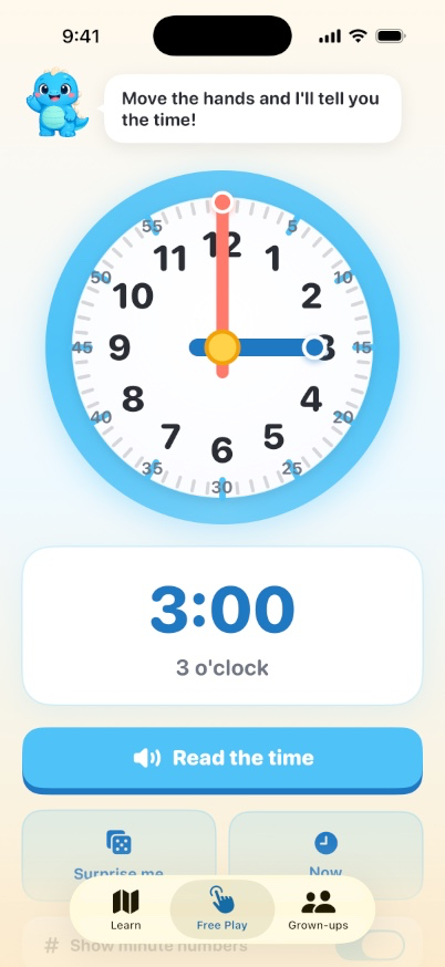The I Can Tell Time app showing a big friendly analog clock at 3:00 with Dino saying “Move the hands and I’ll tell you the time!”