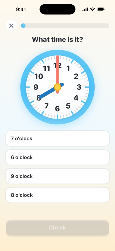 A lesson in I Can Tell Time asking “What time is it?” with an analog clock and multiple-choice answers
