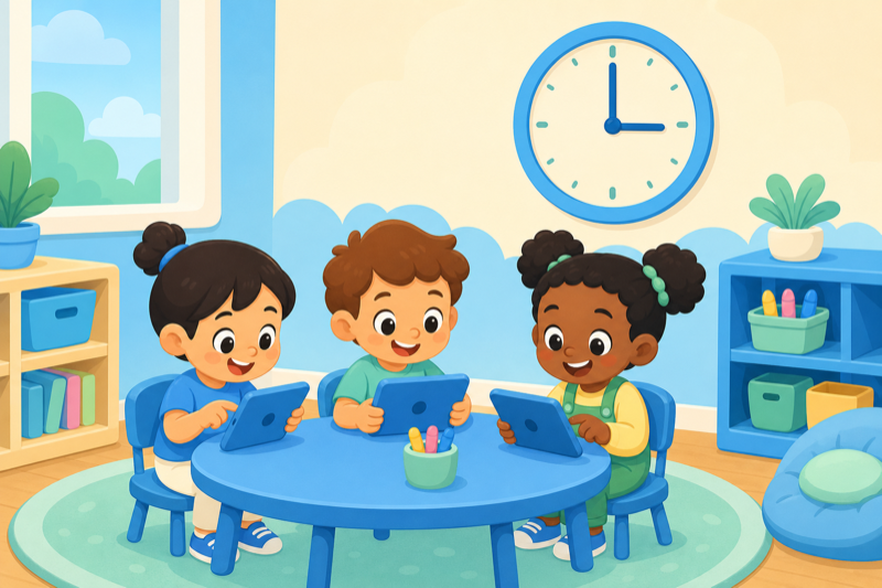Illustration of three kids practicing telling time on tablets in a classroom